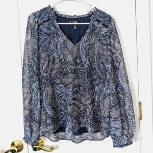 Aqua (Bloomingdale's) Blue Abstract Metallic Long Sleeve Blouse - Size L